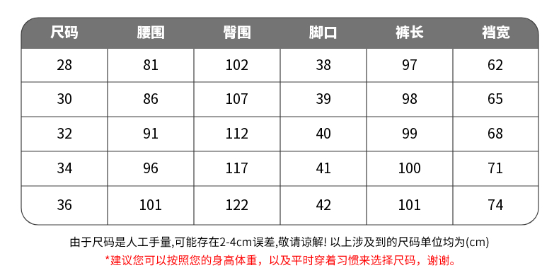 美国裤子尺码表图片